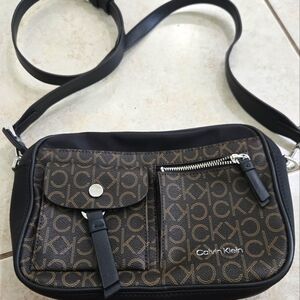 Calvin Klein Black and Brown Logo Crossbody Bag